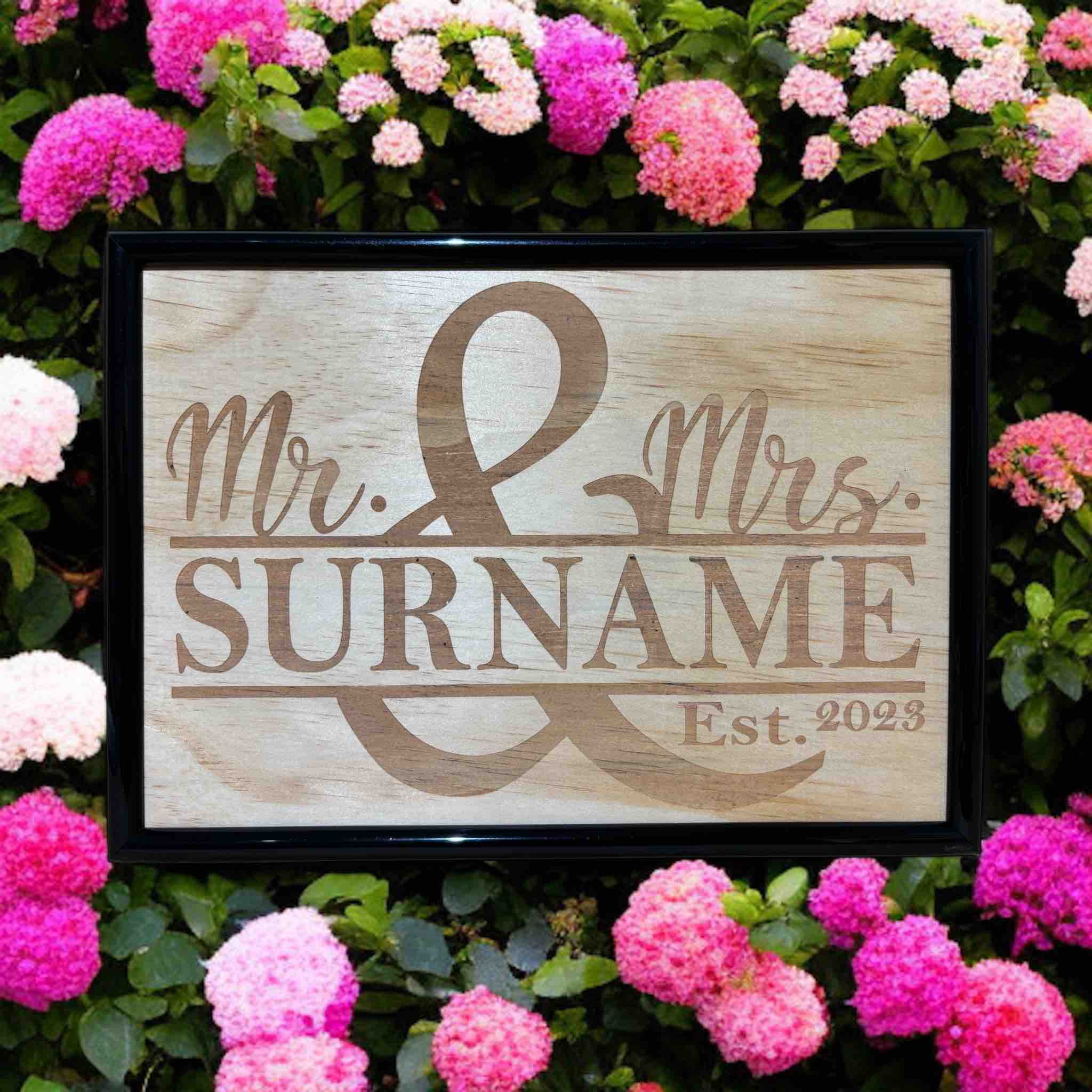 Personalised Mr and Mrs family name wood engraved art in frame, custom wedding gift by Laser Design Creations, Australia.