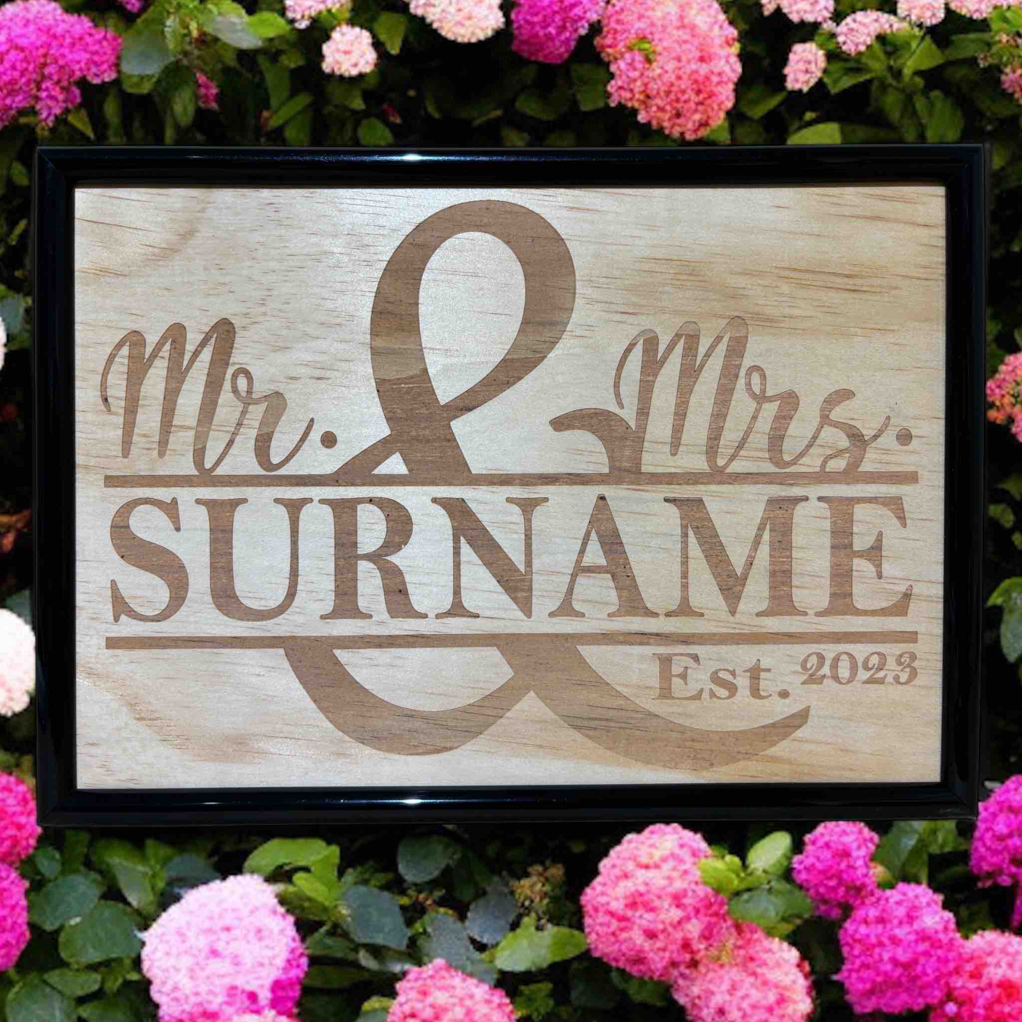 Personalised Mr and Mrs family name wood engraved art design in frame, custom wedding gift by Laser Design Creations, Australia.