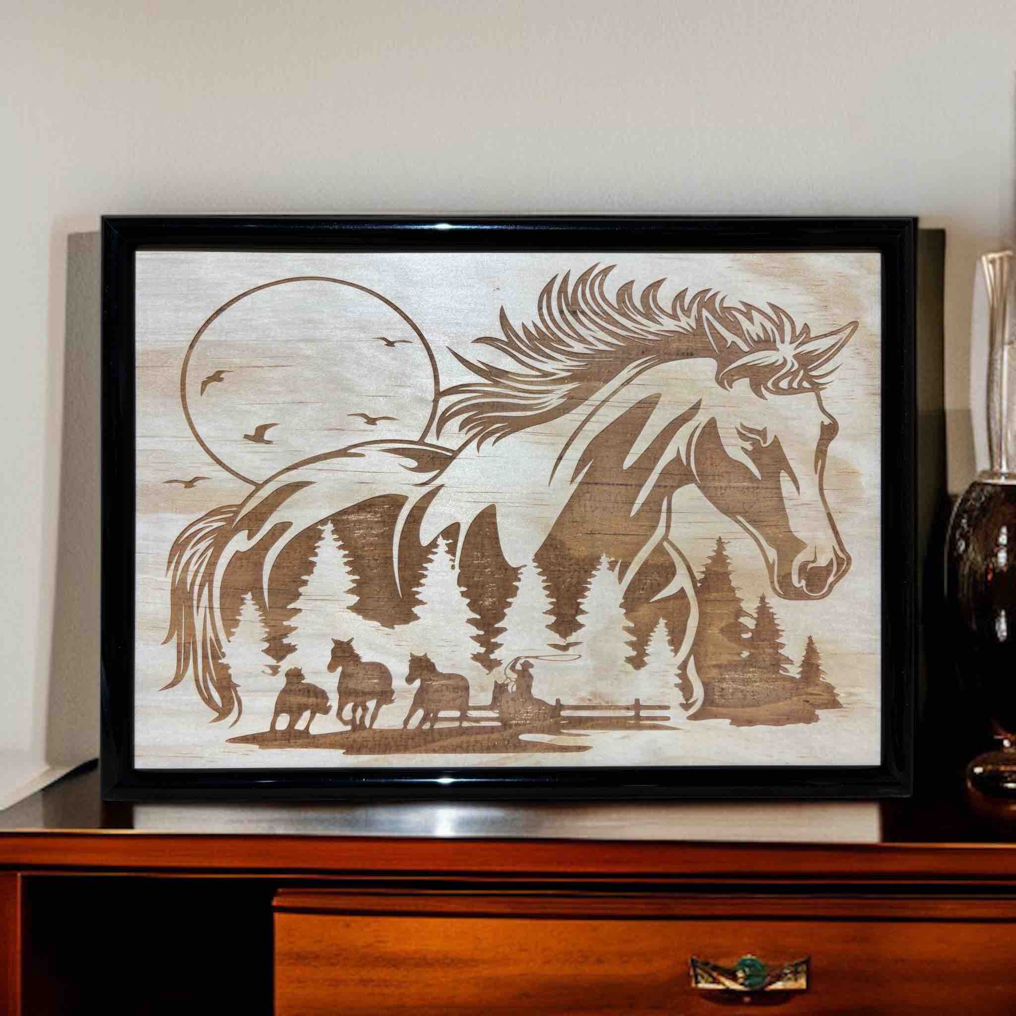 Framed wood engraved artwork featuring a mustang horse theme with, set against a rustic background. Australian made by Laser Design Creations