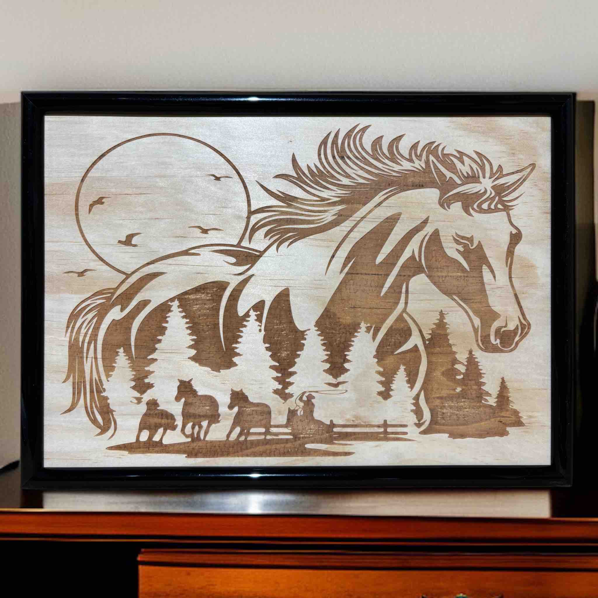 Framed wood engraved art design featuring a mustang horse theme with, set against a rustic background. Australian made by Laser Design Creations