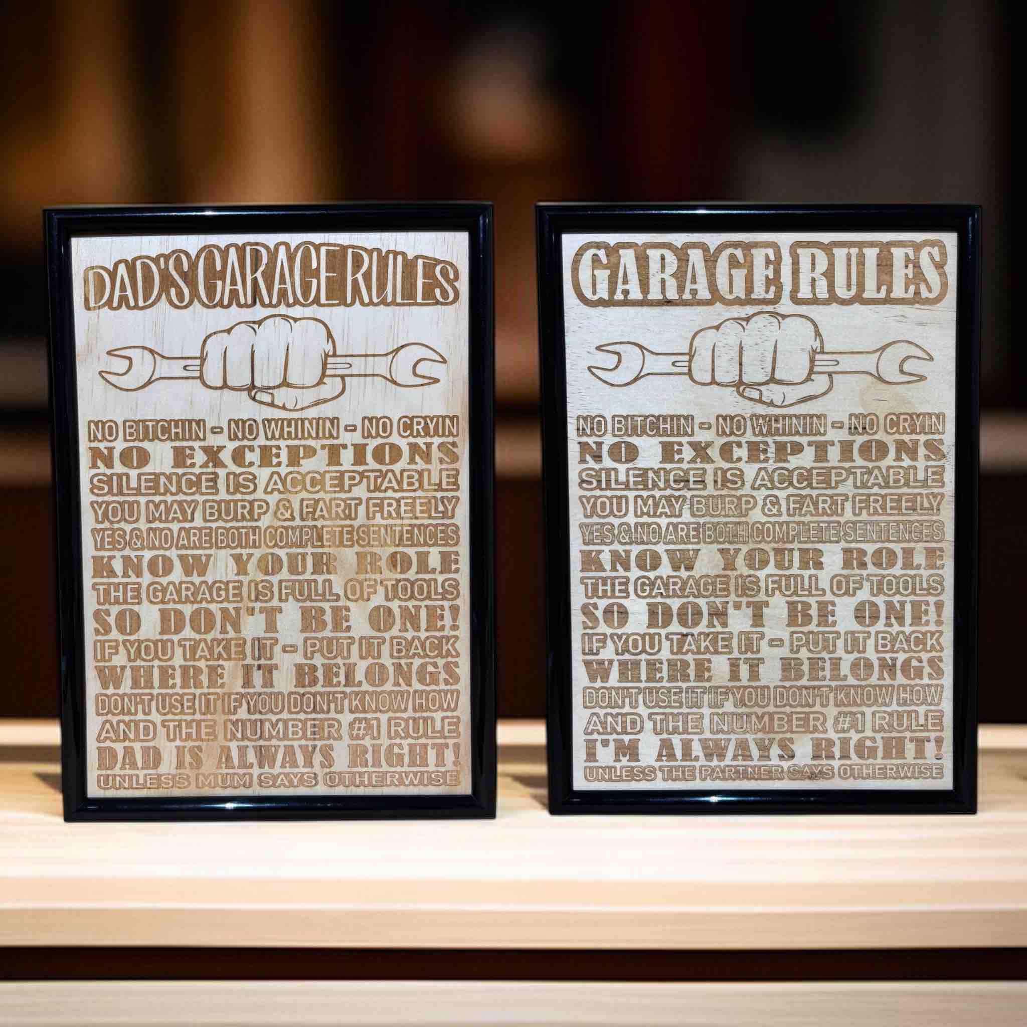 Dad’s Garage Rules & Garage Rules wood engraved art in black frame, funny workshop sign with spanner graphic, Laser Design Creations, Australia.
