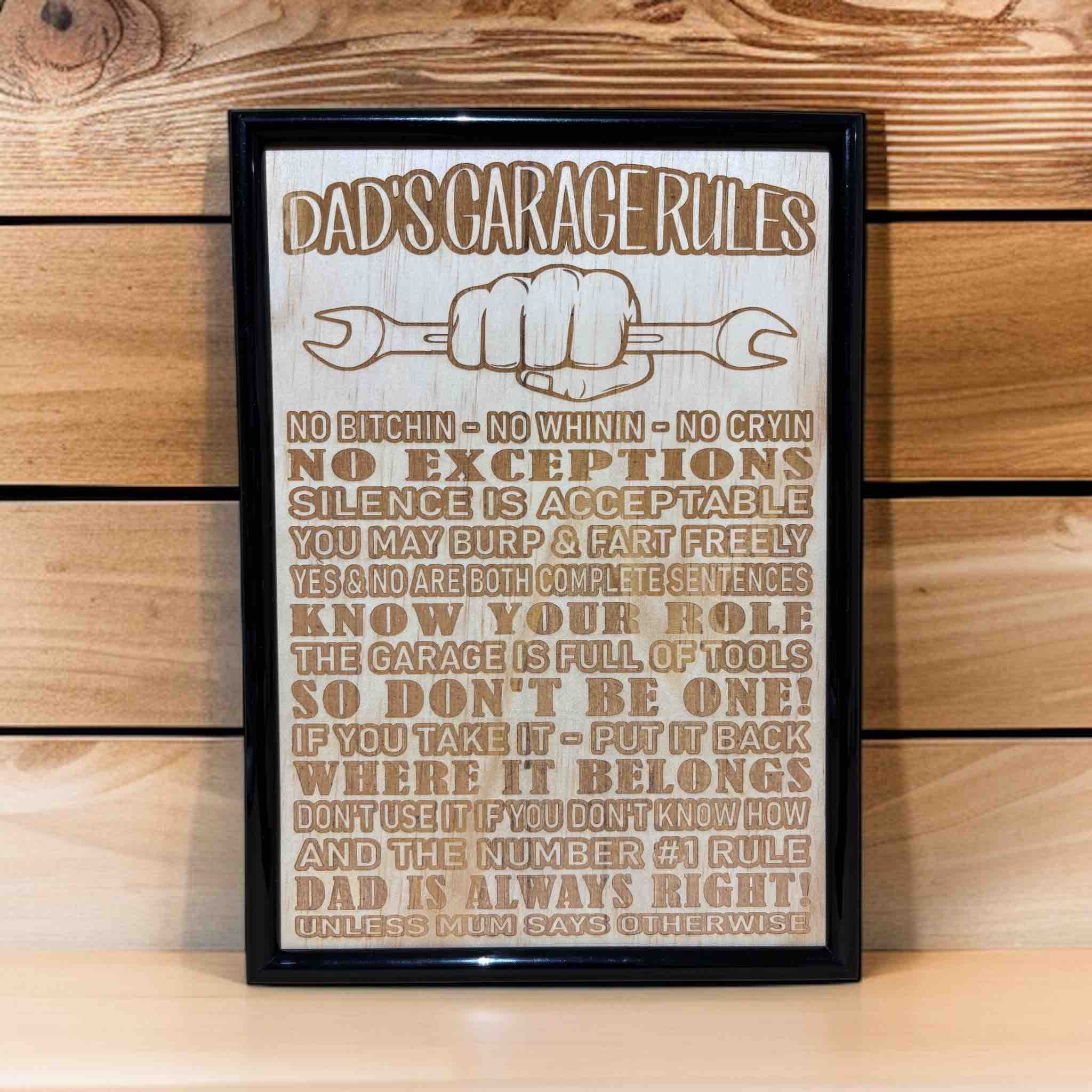 Dad’s Garage Rules wood engraved art in black frame, funny workshop sign with spanner graphic, Laser Design Creations, Australia.