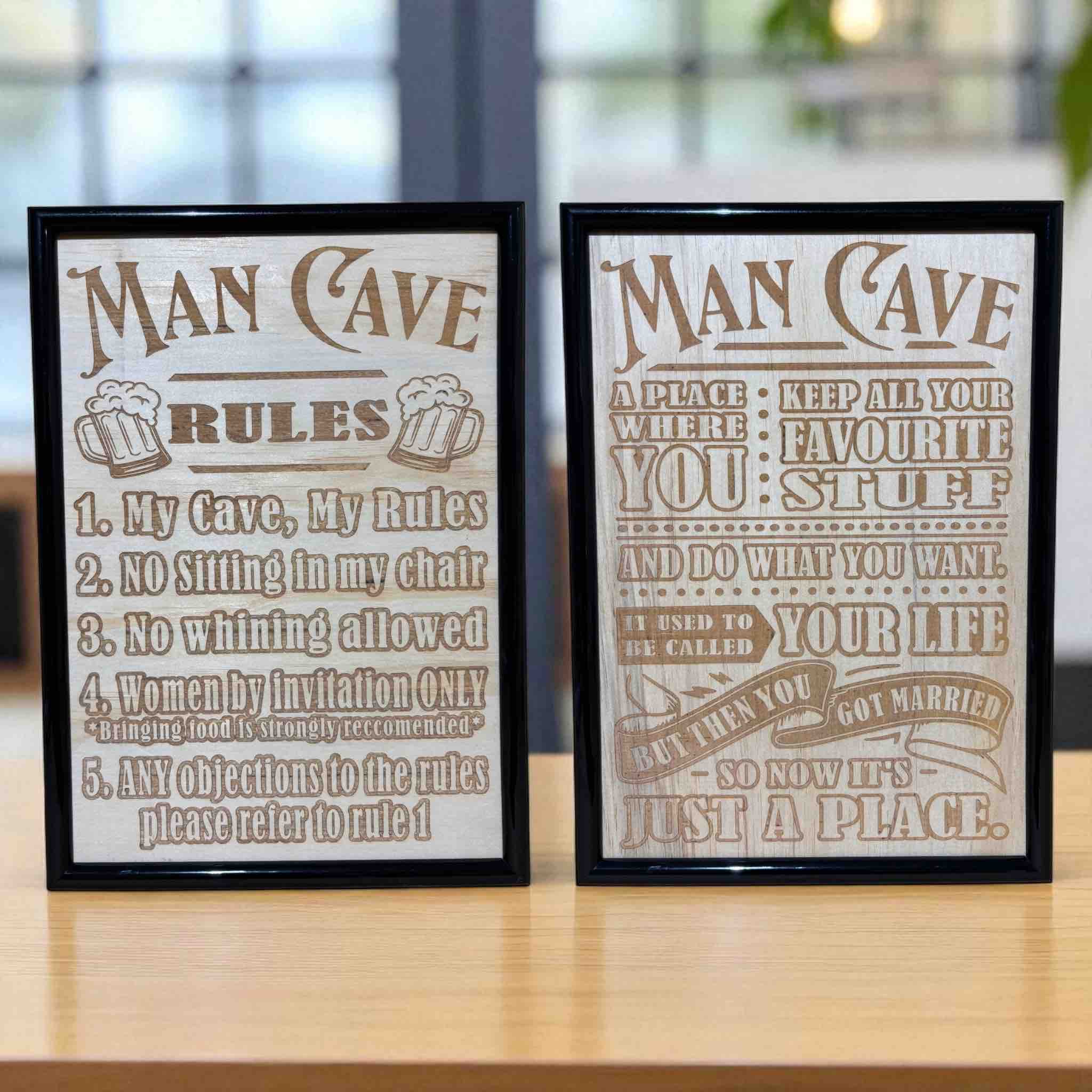 Man Cave Rules wood engraved art set in black frames, funny bar and man cave decor, Laser Design Creations, Australia.
