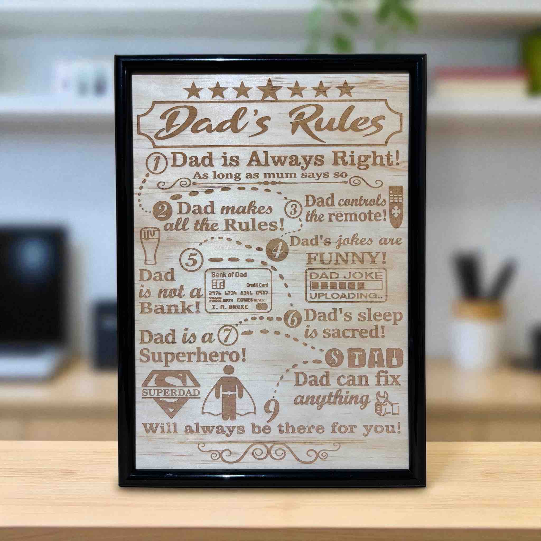 Dad’s Rules wood engraved art in black frame, funny Father’s Day gift by Laser Design Creations, Australia.
