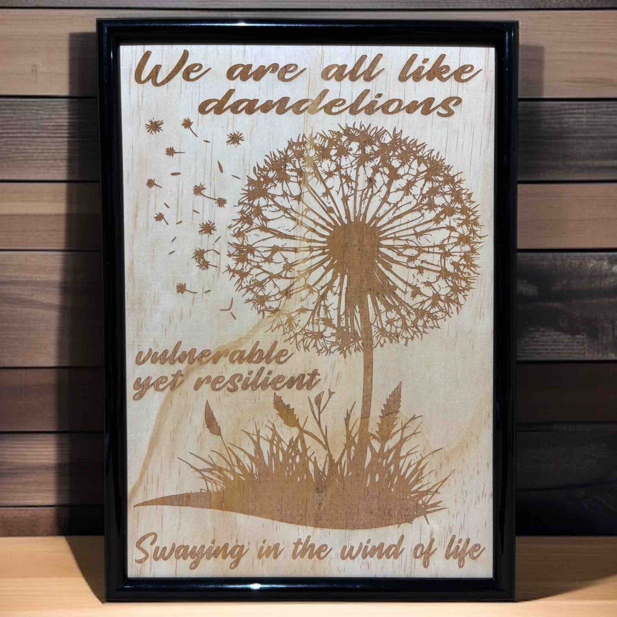 Dandelion resilience quote wood engraved art in black frame, inspirational wall decor by Laser Design Creations, Australia.