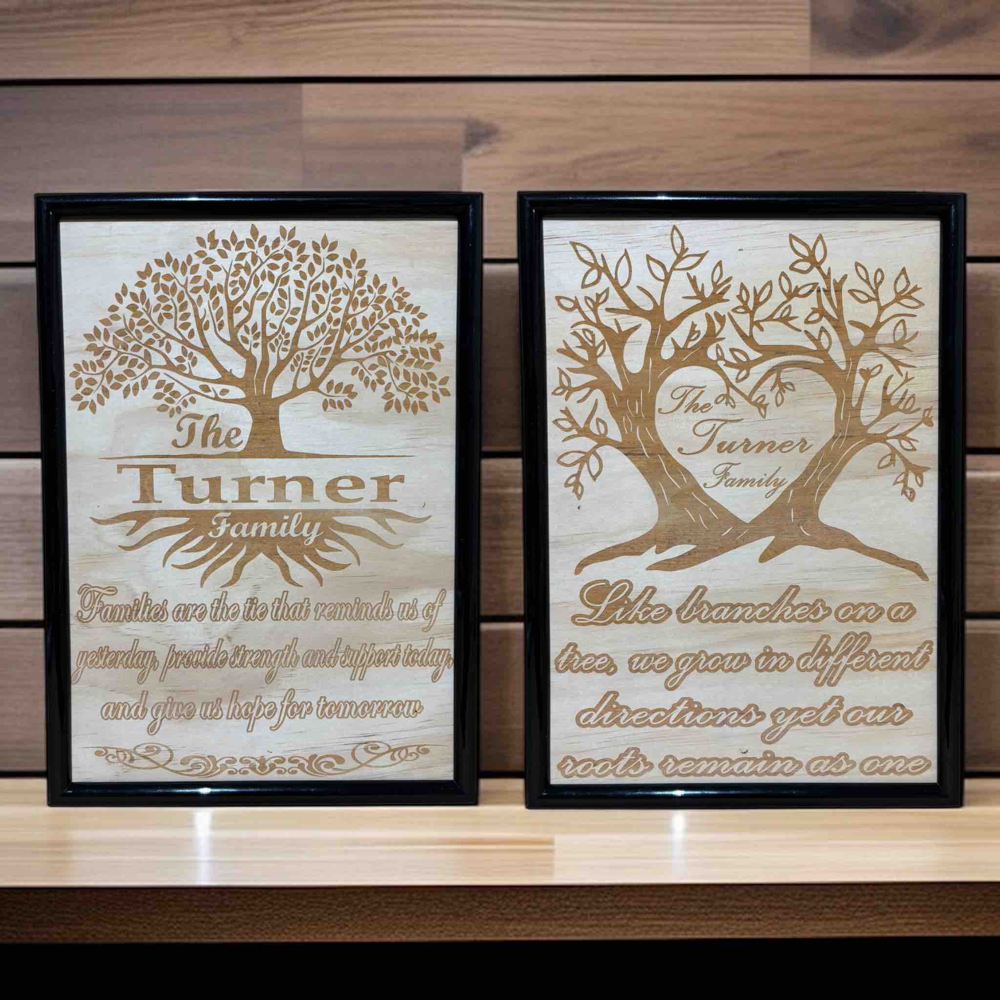 Two wood engraved framed designs featuring a family tree of life with personalised name engraved, Australia Made. Laser Design Creations