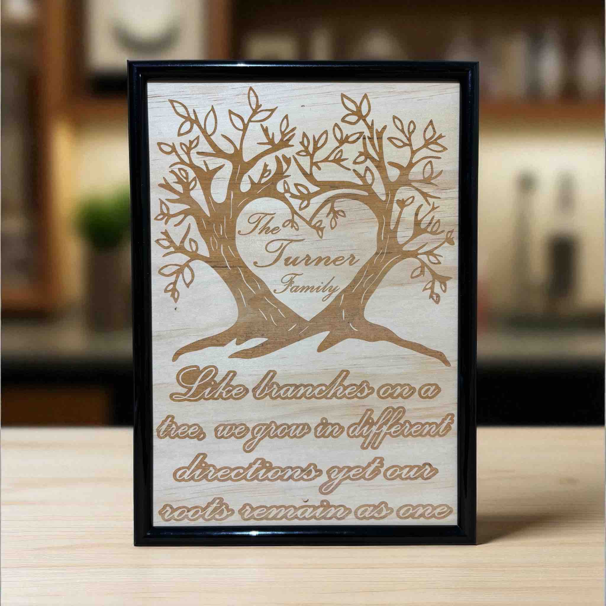 Wood engraved framed design featuring a family tree of life with personalised name engraved, Made in Australia. Laser Design Creations.