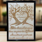 Wood engraved design featuring a family tree of life with personalised name engraved, Made in Australia. Laser Design Creations.