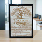 Wood engraved art design featuring a family tree of life with personalised name engraved, Made in Australia. Laser Design Creations.