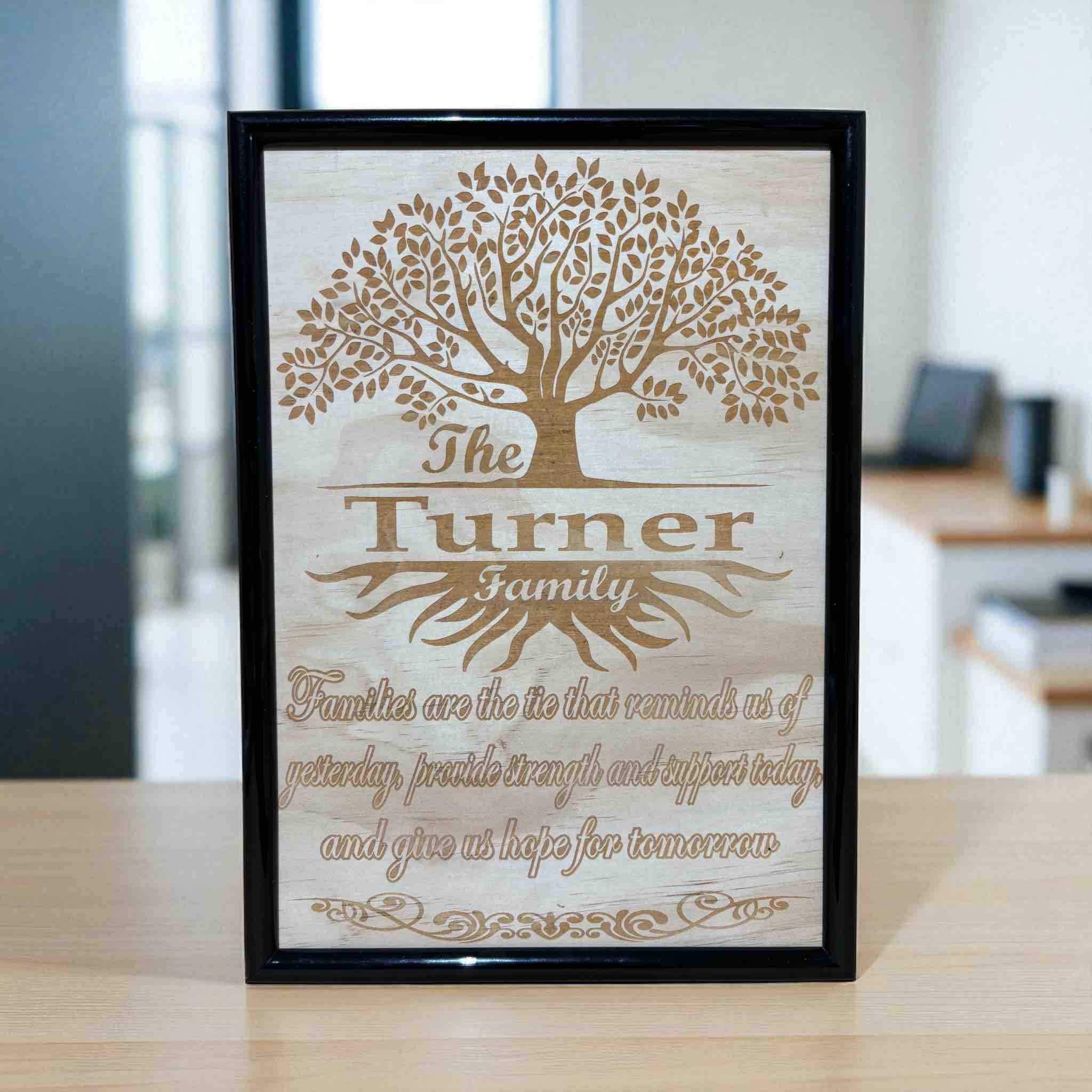 Wood engraved art design featuring a family tree of life with personalised name engraved, Made in Australia. Laser Design Creations.