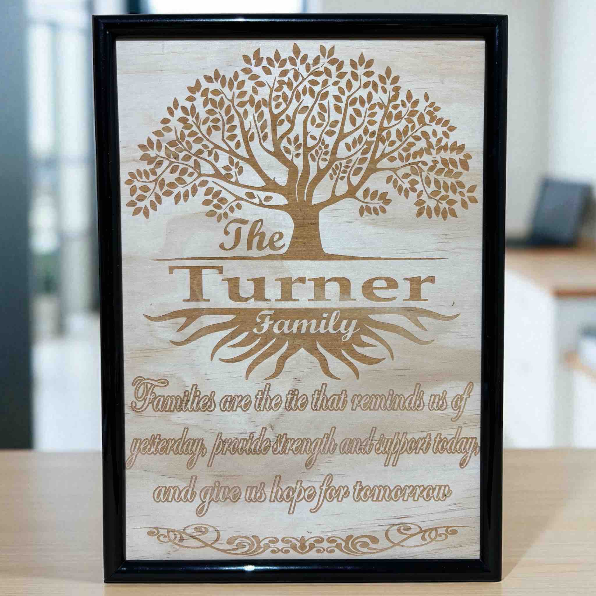 Wood engraved art design featuring a family tree of life with personalised name engraved, Aussie made. Laser Design Creations.