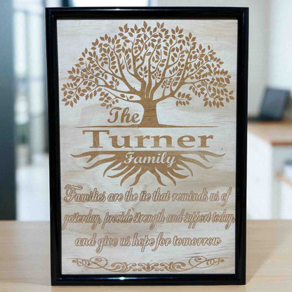 Wood engraved art design featuring a family tree of life with personalised name engraved, Aussie made. Laser Design Creations.