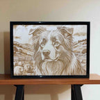 Border collie dog and sheep wood engraved sign displayed on timber table, country animal wall art, Laser Design Creations, Australia.