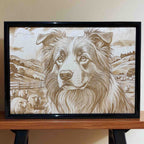Border collie and sheep wood engraved art in black frame, farmhouse decor by Laser Design Creations, Australia.