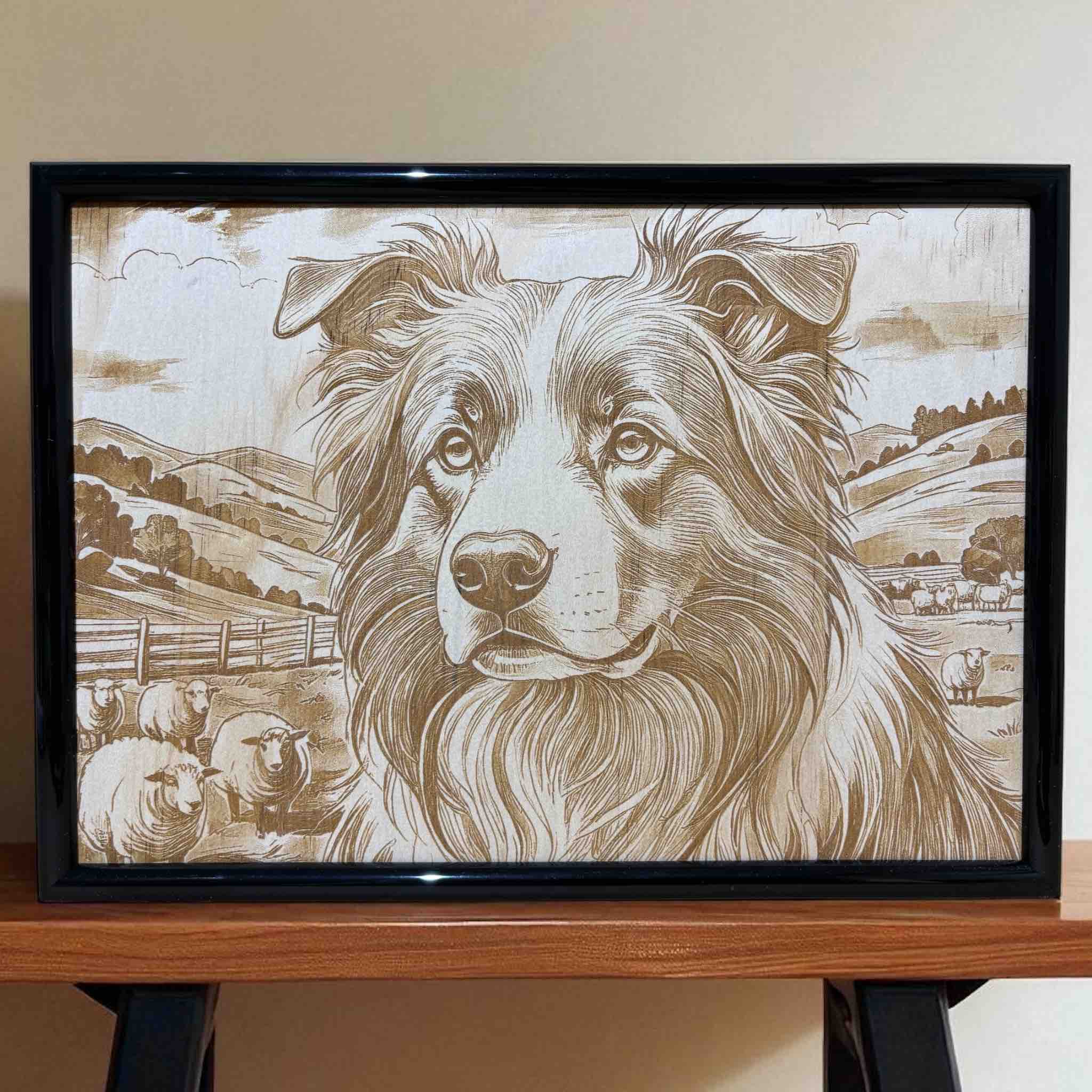 Border collie and sheep wood engraved art in black frame, farmhouse decor by Laser Design Creations, Australia.
