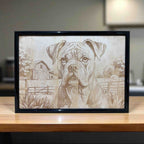 Boxer dog wood engraved art in farmhouse landscape, framed, Australian made at Laser Design Creations