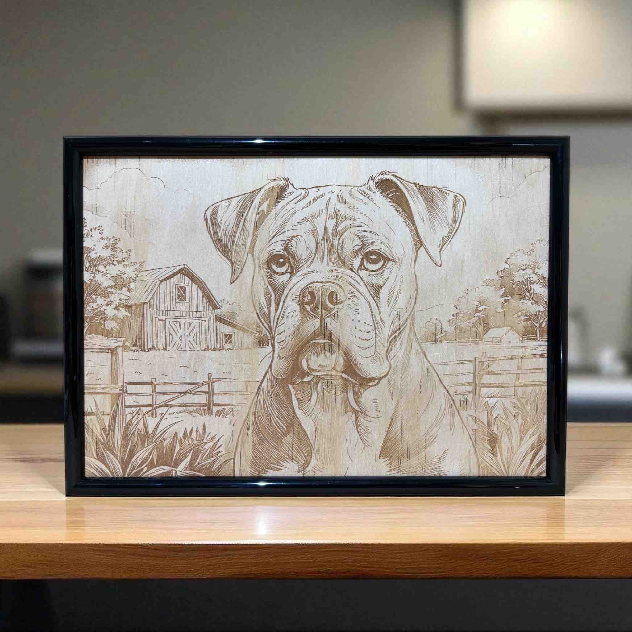 Boxer dog wood engraved art in farmhouse landscape, framed, Australian made at Laser Design Creations