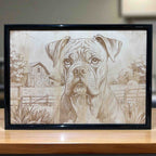 Handcrafted radiata pine wood art featuring Boxer dog and country barn background. Laser Design Creations
