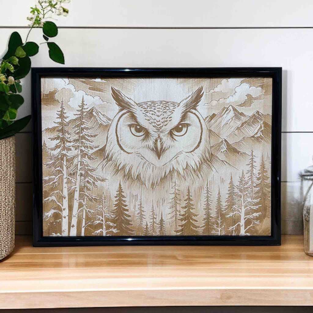 Owl wood engraved art with pine trees, framed wall decor – Laser Design Creations