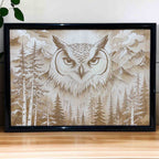 Framed owl and forest wood engraving, rustic Australian home decor – Laser Design Creations