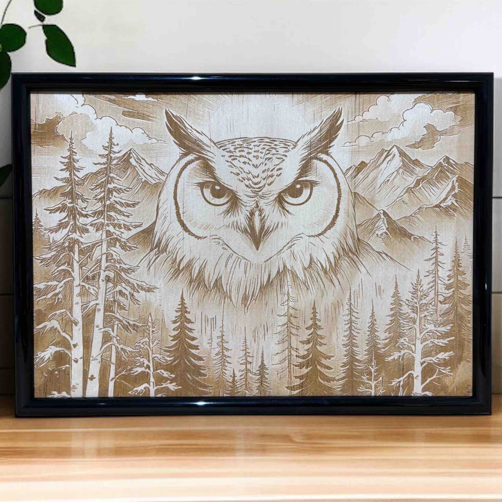 Framed owl and forest wood engraving, rustic Australian home decor – Laser Design Creations