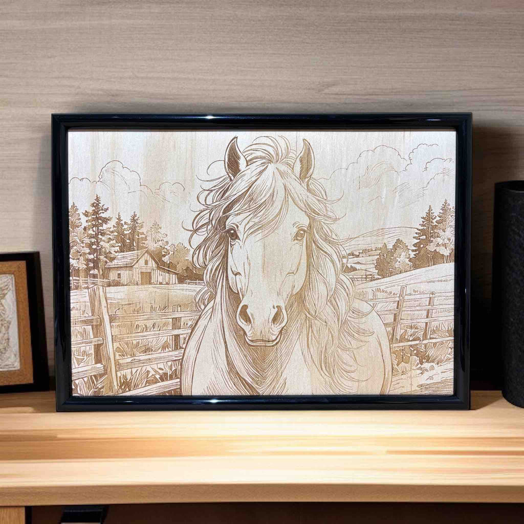 Horse portrait wood engraved art framed – Laser Design Creations Australian decor
