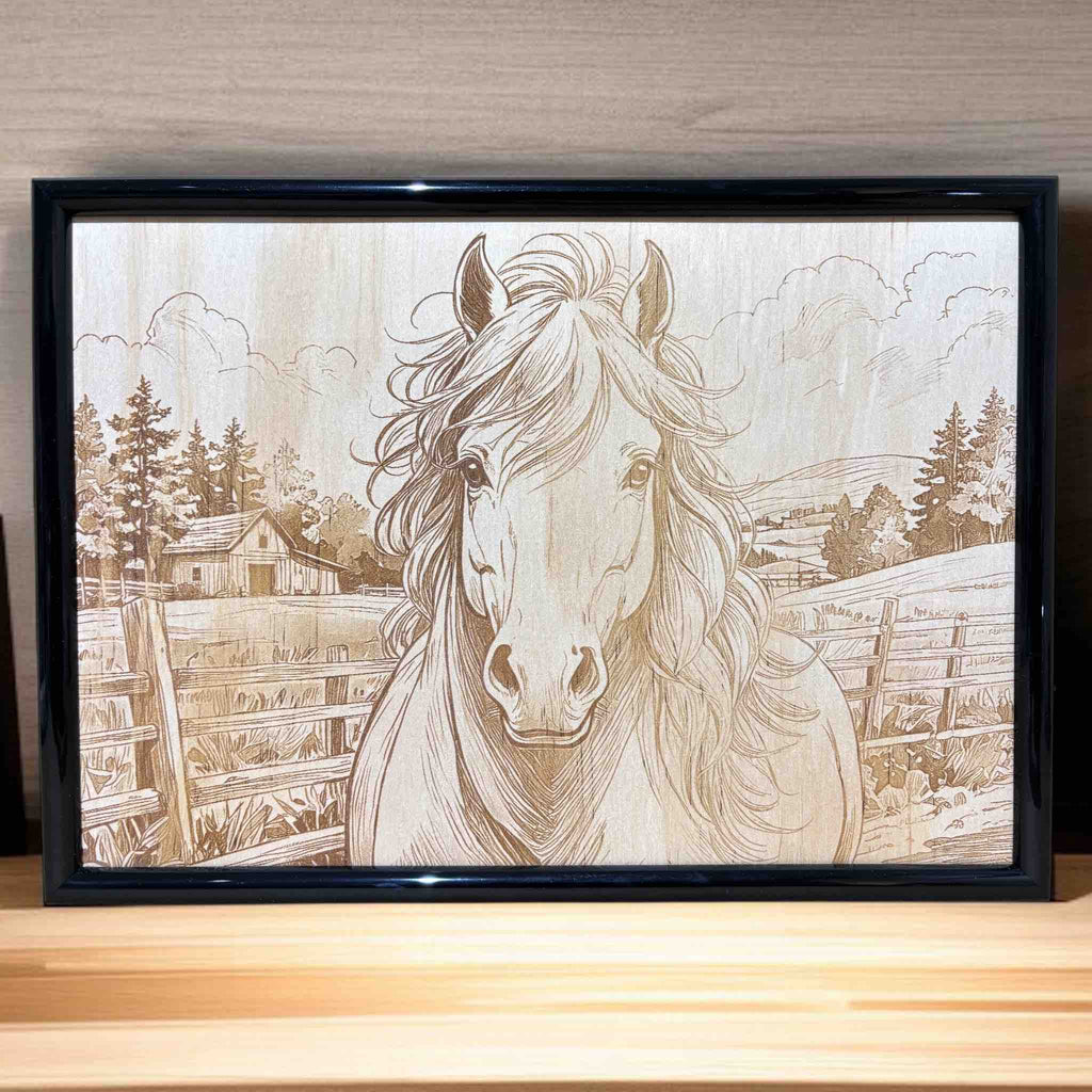Rustic horse farmhouse wood engraving framed on radiata pine – Laser Design Creations