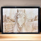 Rustic horse farmhouse wood engraving framed on radiata pine – Laser Design Creations