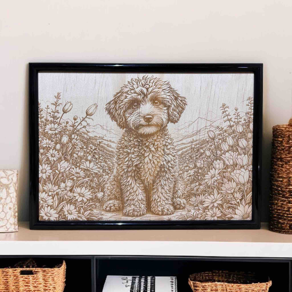 Cavoodle wood engraved art in wildflower meadow – Laser Design Creations