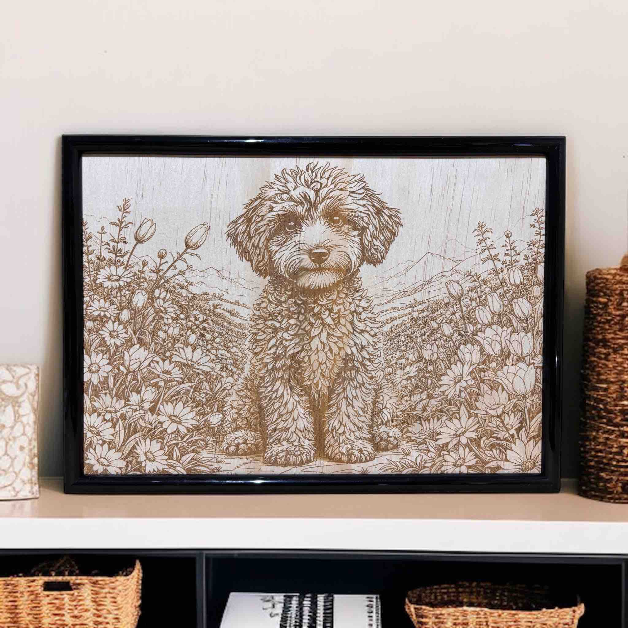 Cavoodle wood engraved art in wildflower meadow – Laser Design Creations