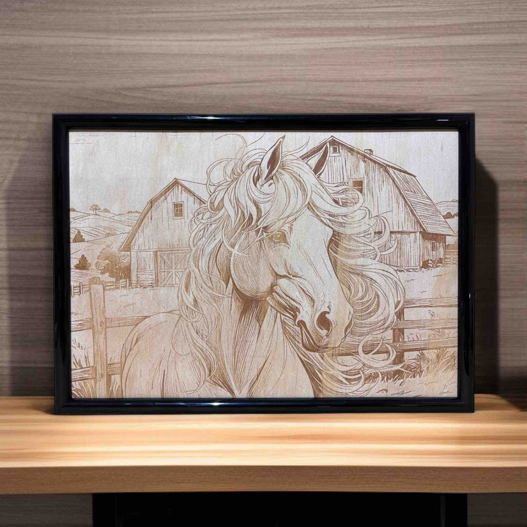 Wood engraved art of a horse with country barn background, handcrafted by Laser Design Creations Australia.