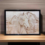 Wood engraved art of a horse with country barn background, handcrafted by Laser Design Creations Australia.