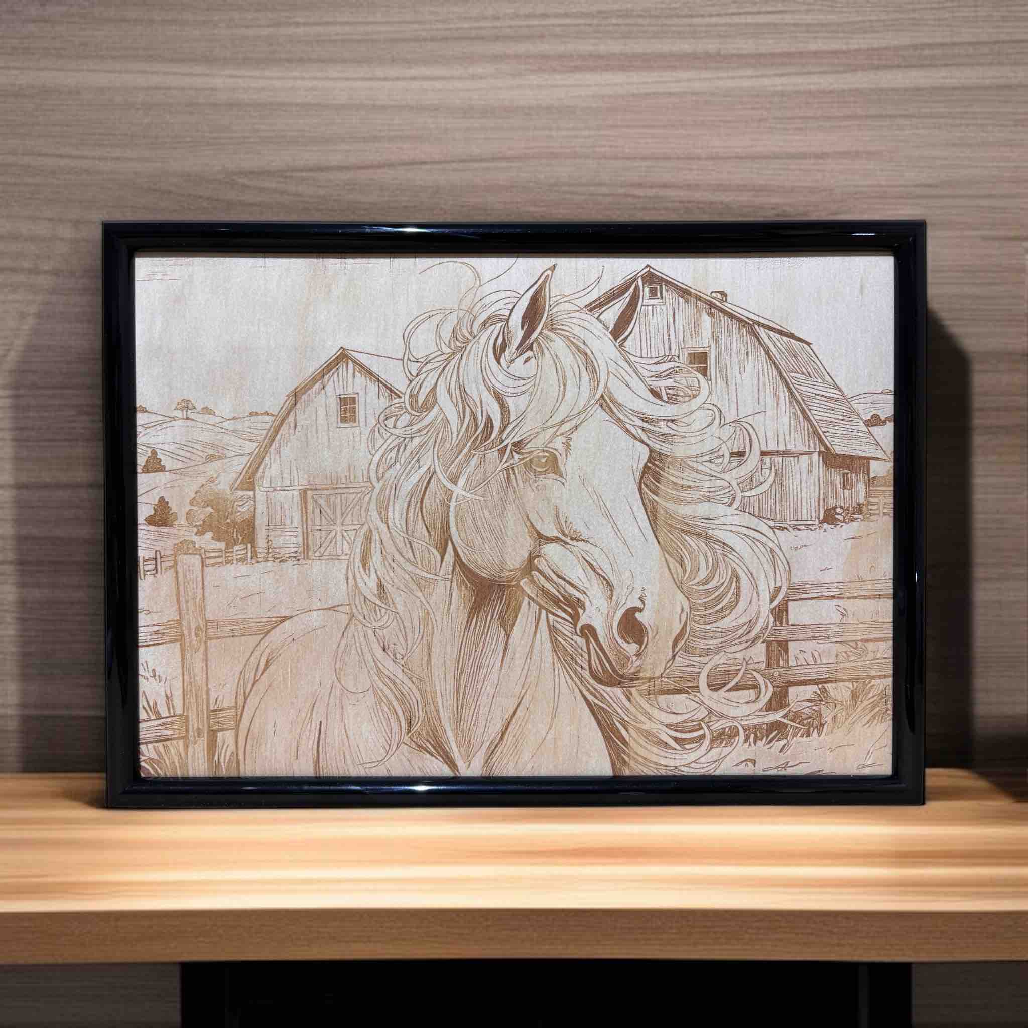 Wood engraved art of a horse with country barn background, handcrafted by Laser Design Creations Australia.