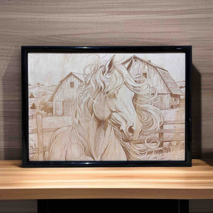 Wood engraved art of a horse with country barn background, handcrafted by Laser Design Creations Australia.