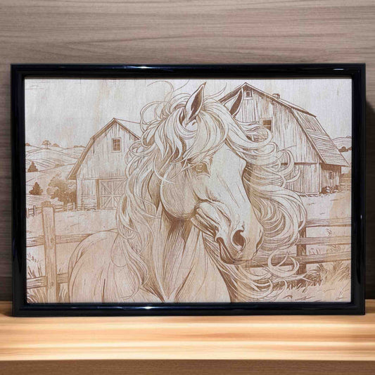 Framed horse and barn wood engraving on radiata pine plywood – rustic Aussie decor by Laser Design Creations.