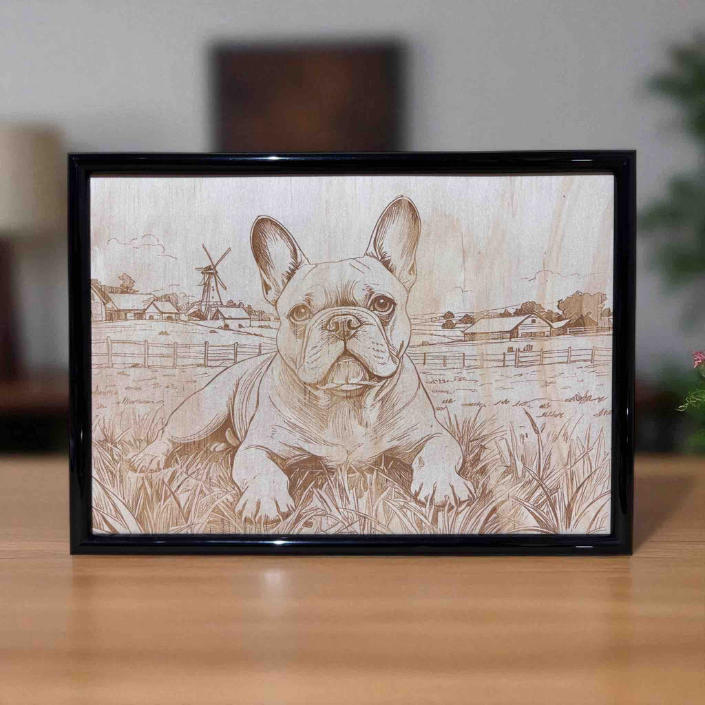 French Bulldog countryside wood engraved art framed decor by Laser Design Creations