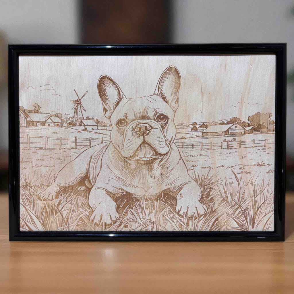 French Bulldog laser engraved art with windmill and farm background, Laser Design Creations