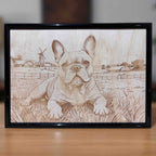 French Bulldog laser engraved art with windmill and farm background, Laser Design Creations