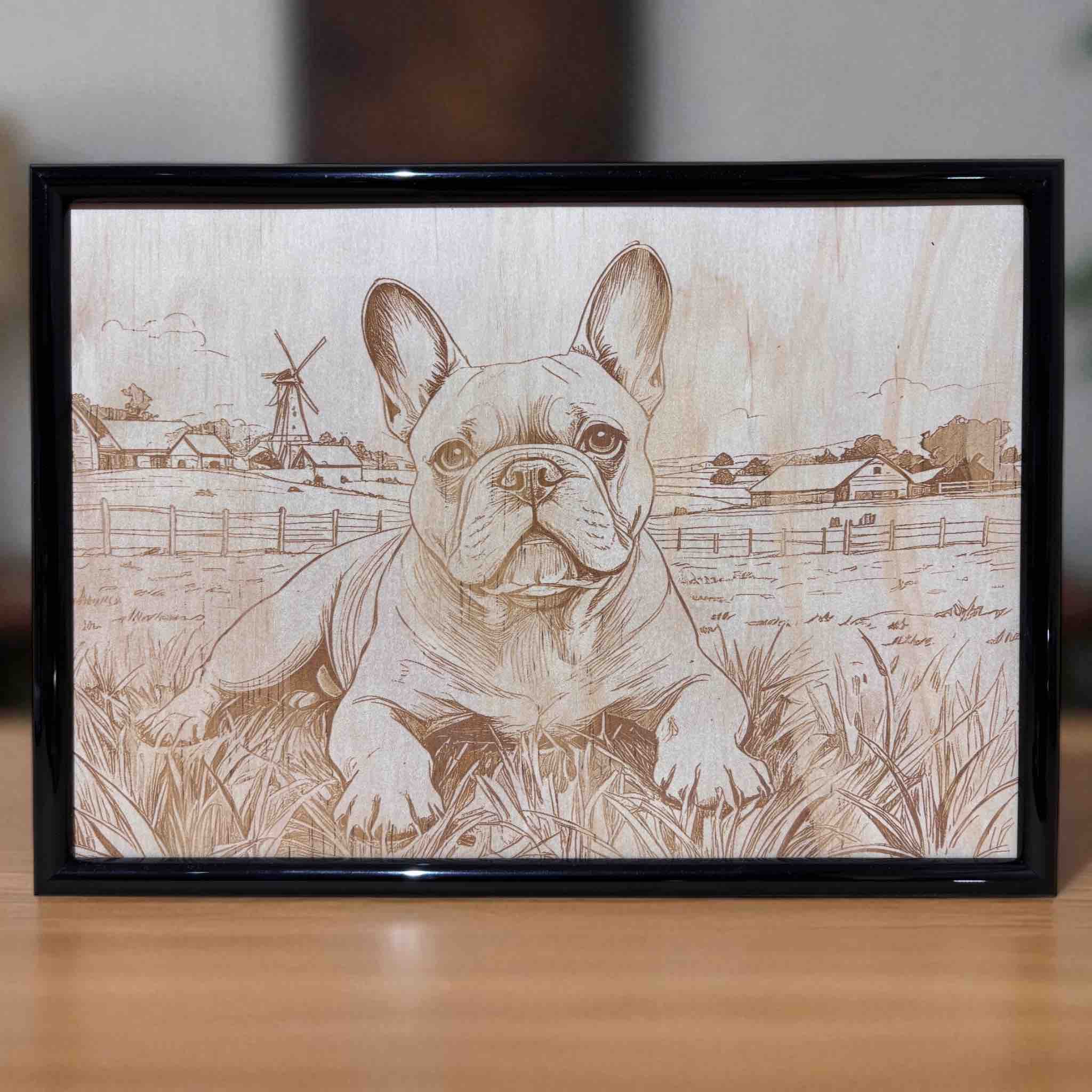 French Bulldog laser engraved art with windmill and farm background, Laser Design Creations