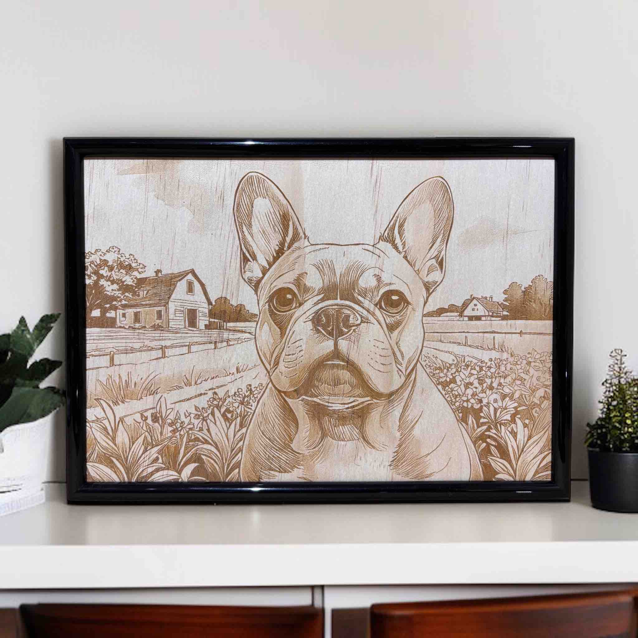 French Bulldog garden country house wood engraved art framed decor by Laser Design Creations