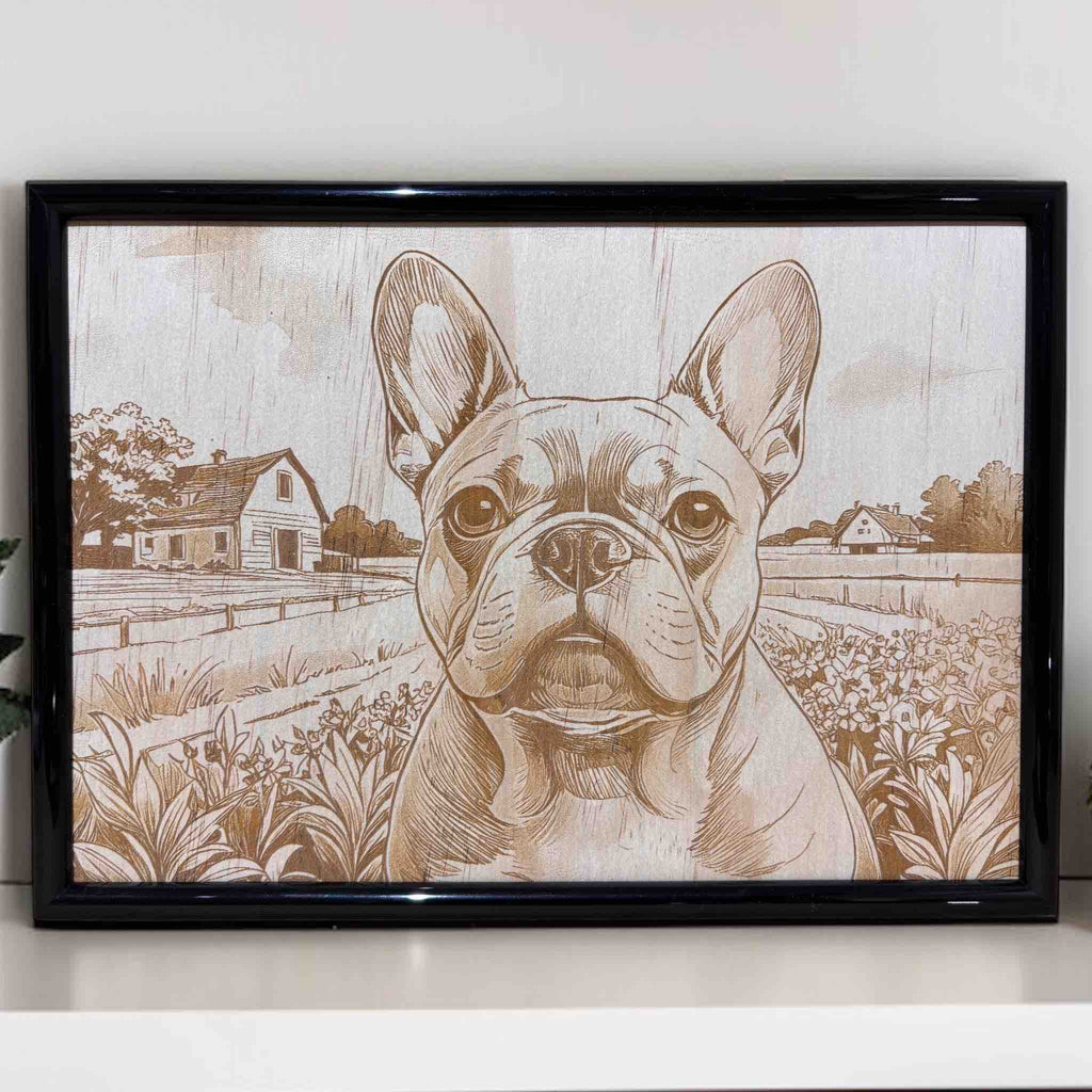 French Bulldog laser engraved art with rural garden and house scene, Laser Design Creations