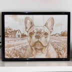 French Bulldog laser engraved art with rural garden and house scene, Laser Design Creations