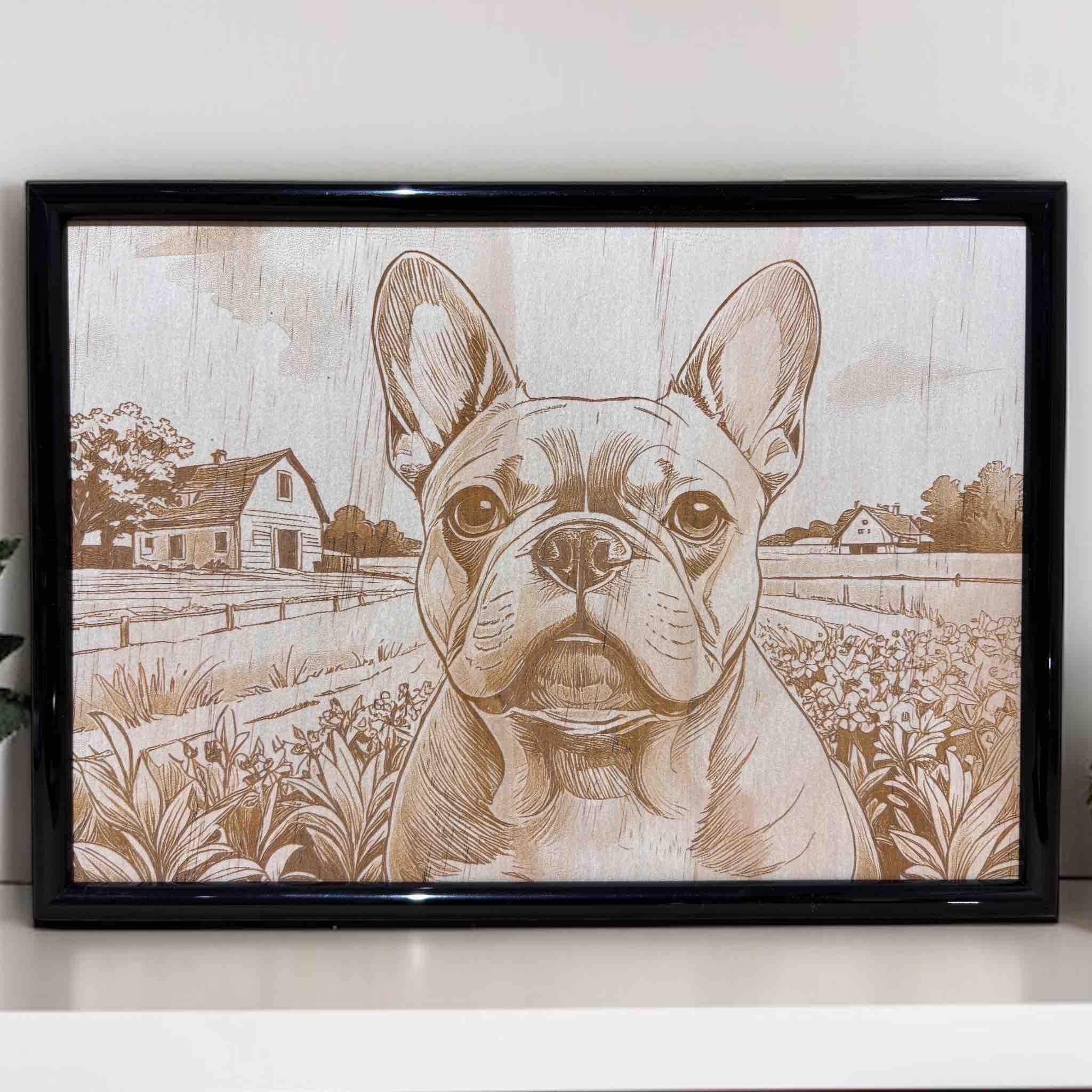 French Bulldog laser engraved art with rural garden and house scene, Laser Design Creations