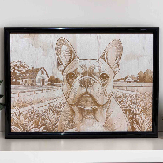 French Bulldog laser engraved art with rural garden and house scene, Laser Design Creations