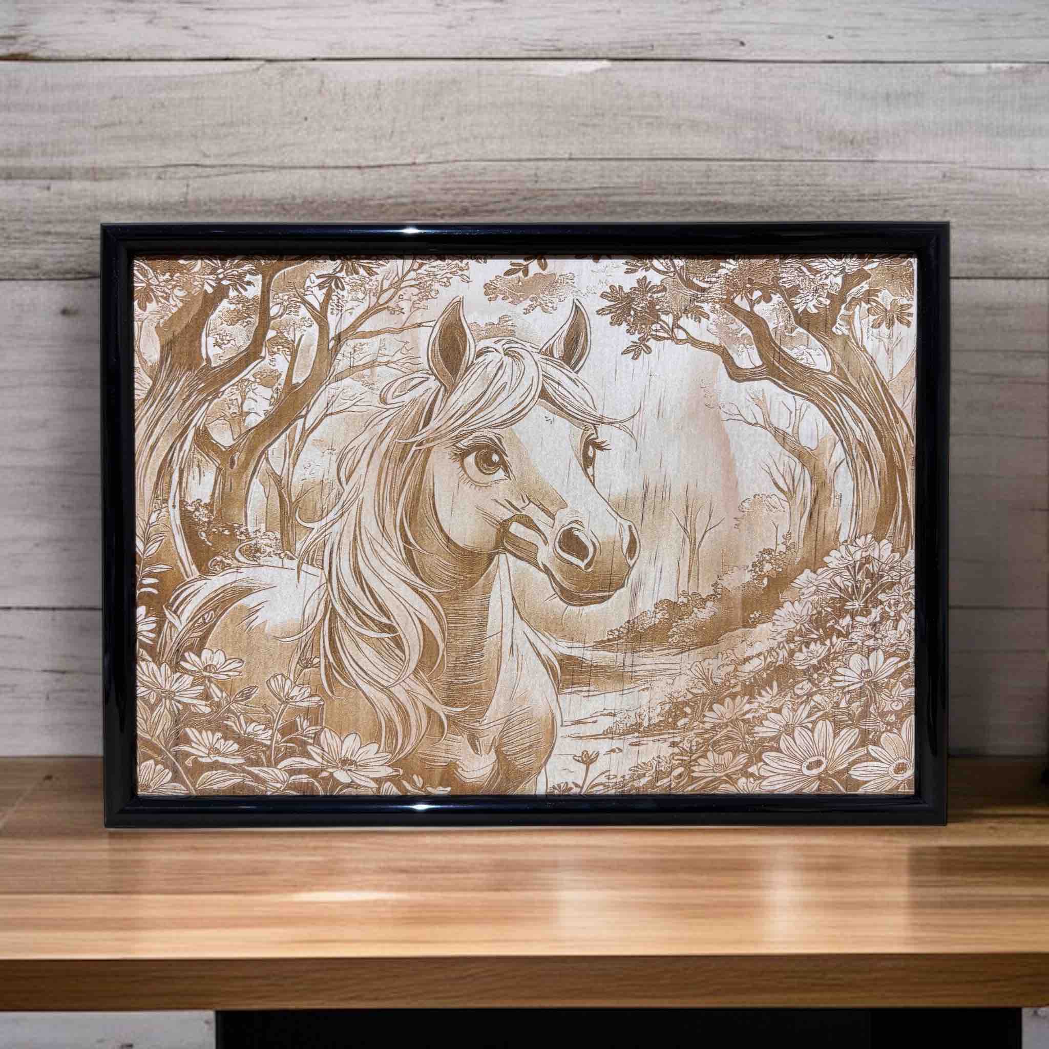 Graceful horse wood engraved art in wildflower forest, Laser Design Creations