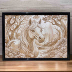 Framed horse wood engraved artwork displayed on table, Laser Design Creations