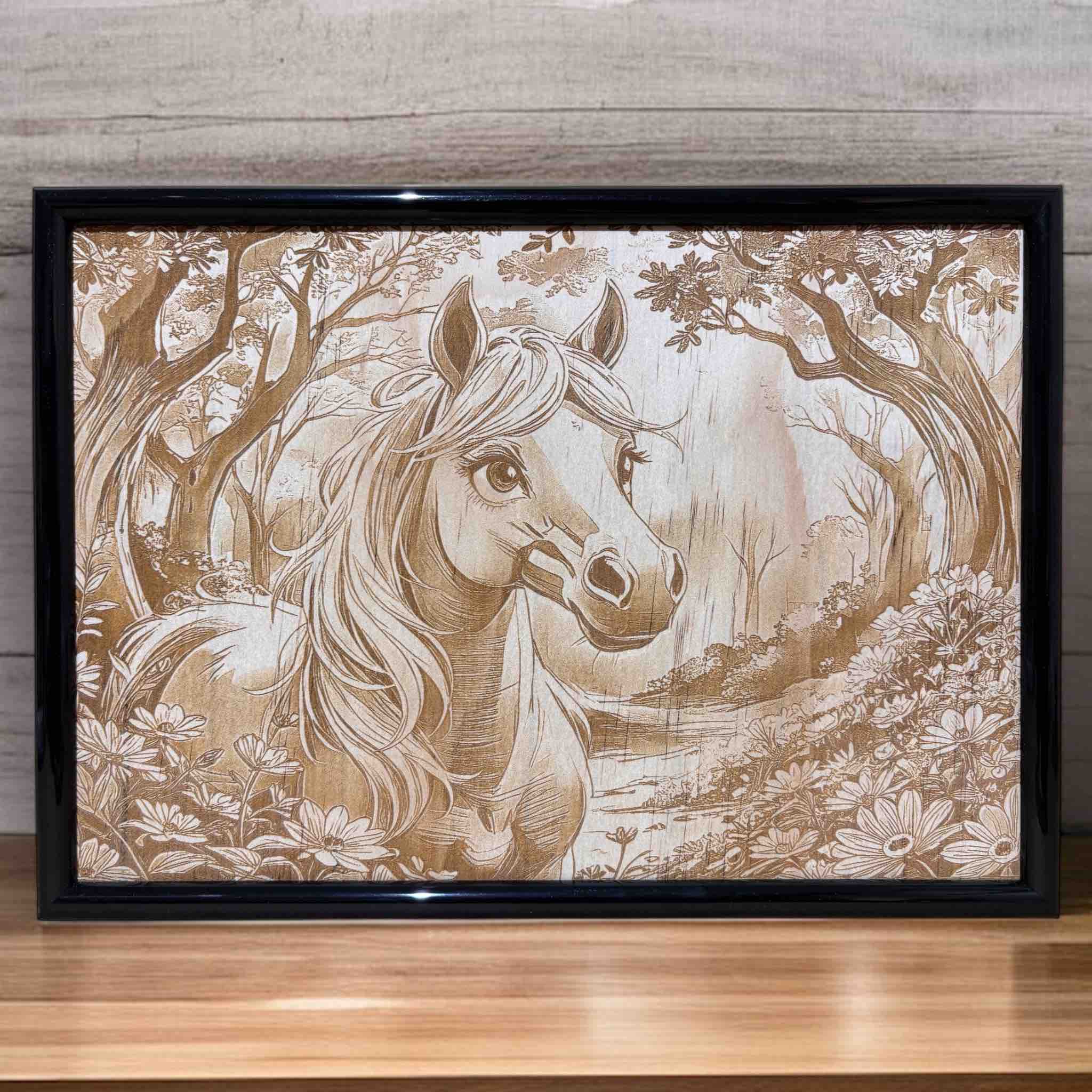 Framed horse wood engraved artwork displayed on table, Laser Design Creations