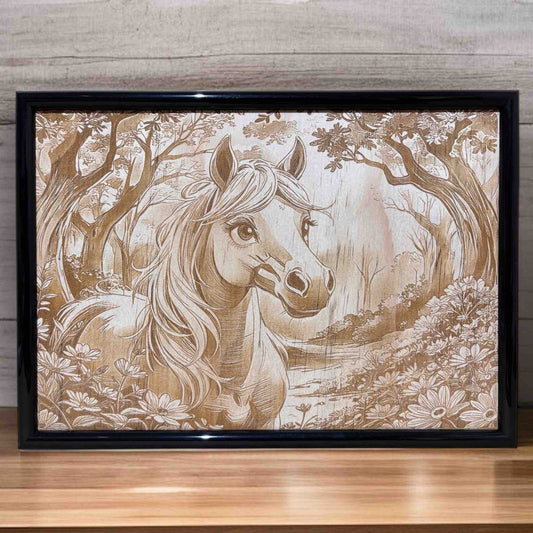 Framed horse wood engraved artwork displayed on table, Laser Design Creations