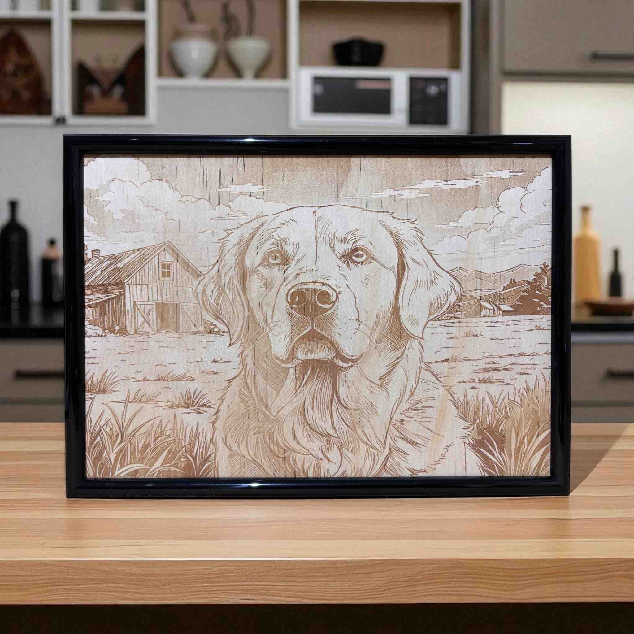 Golden retriever wood engraved art framed decor by Laser Design Creations
