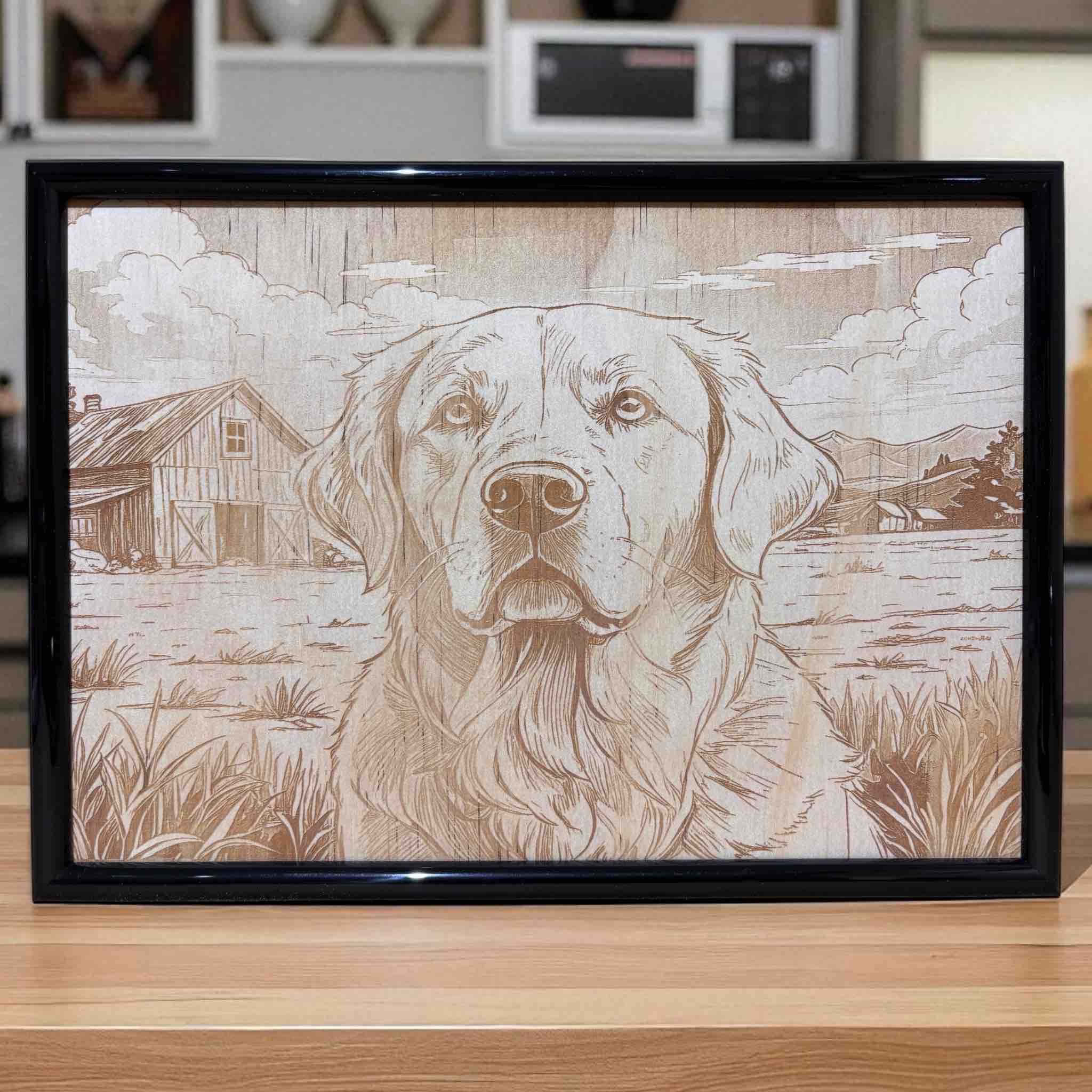 Golden Retriever at Country Barn – Wood Engraved Art Framed Decor
